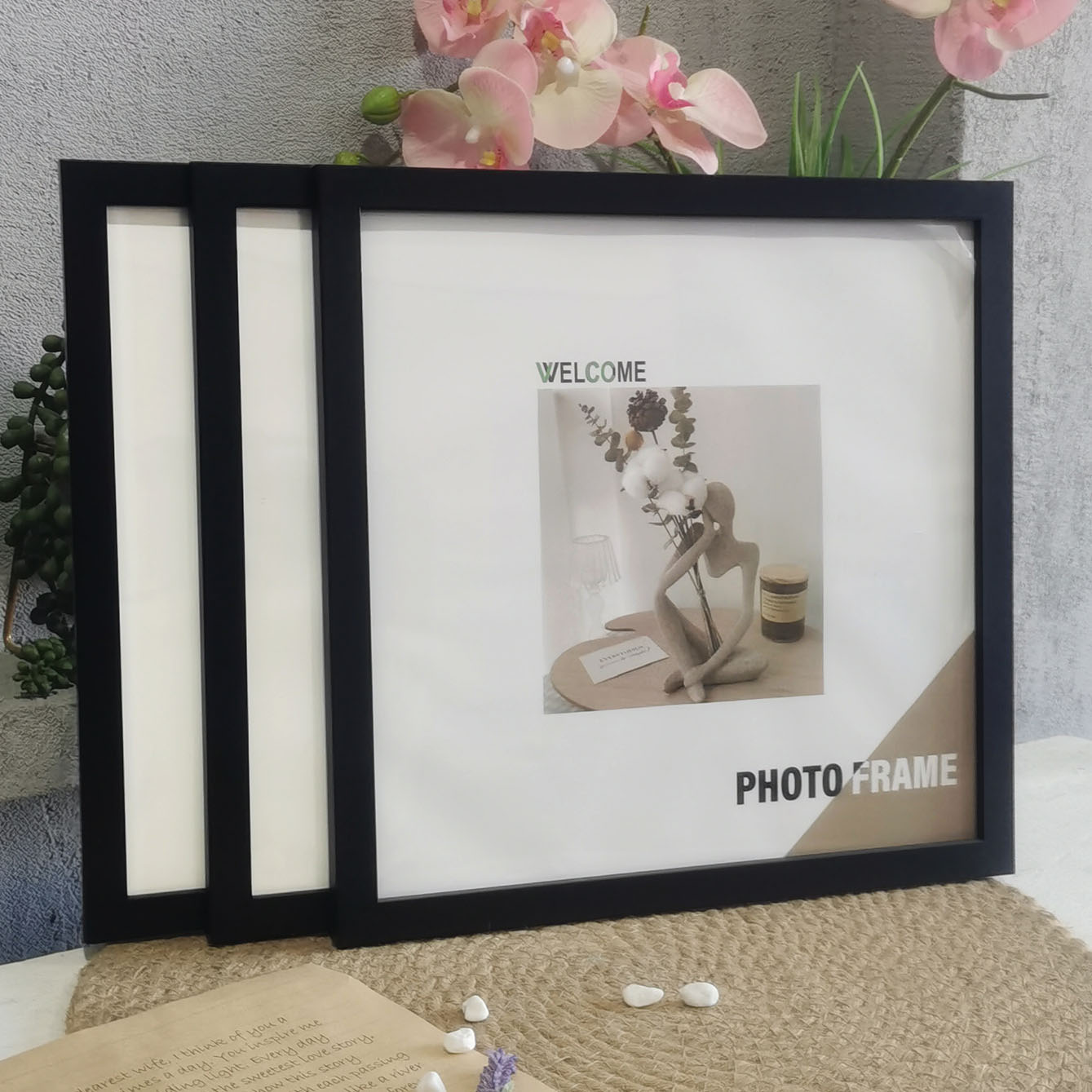 Engraved Wood Frame - 3 ชิ้นไม้กรอบรูปสแควร์สําหรับแขวนผนังหรือเดสก์ท็อปตกแต่ง 20X20 30X30 เซนติเมตรโปสเตอร์ภาพกรอบรูป Commemorat