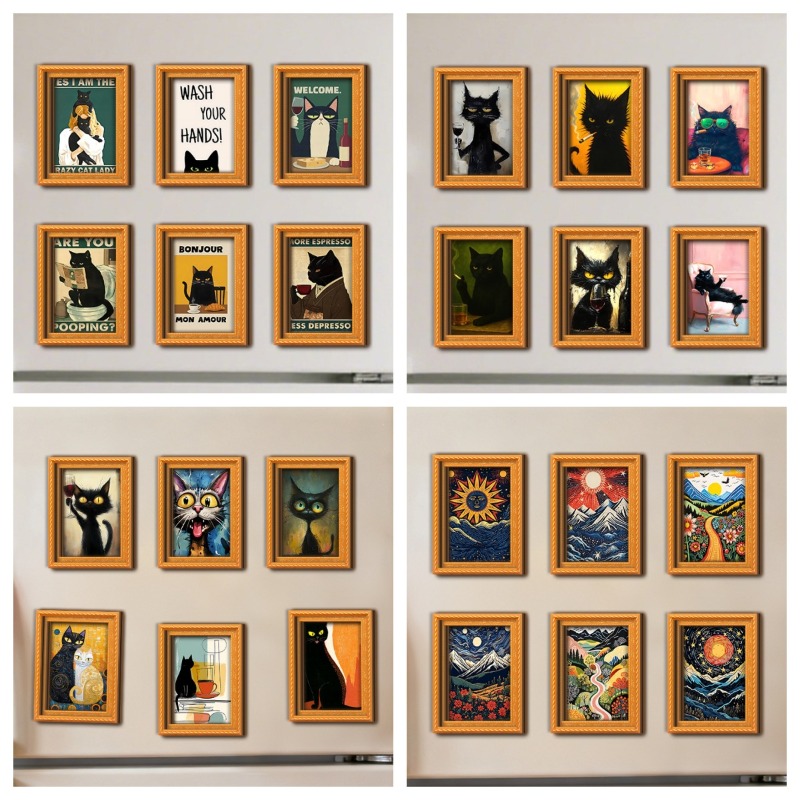 Engraved Wood Frame - 6 ชิ้น/ชุด แม่เหล็กติดตู้เย็นไม้ งานศิลปะ แม่เหล็กติดตู้เย็น สติกเกอร์กรอบรูป
